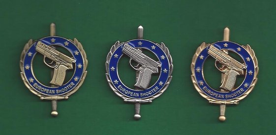 Skyttemærker for Pistol skydning AECOPSD - Bronze + Sølv + Guld